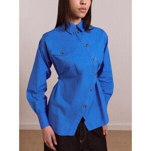 Damson Madder Lux Shirt Top Button-Down Collared Solid Blue Cotton L-14 286981